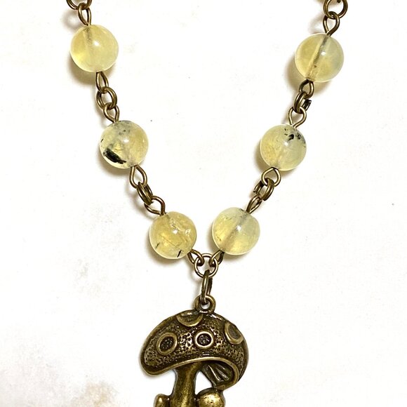 Natural Yellow Green Prehnite Necklace, Bronze Round Mushroom + Genuine Gemstone - Picture 4 of 16